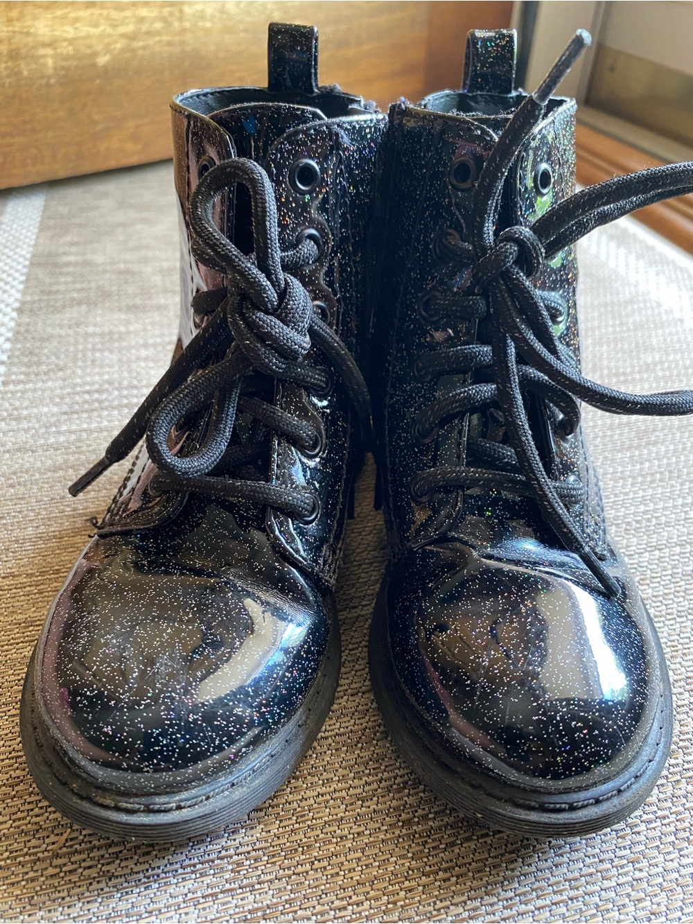 Girls size 9 Black Glitter Lace-Up Combat Boots